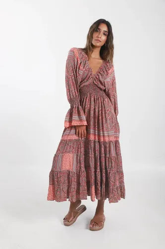 Vestido De Seda Hindú Mod. 63 Coral Oscuro Estampado Único