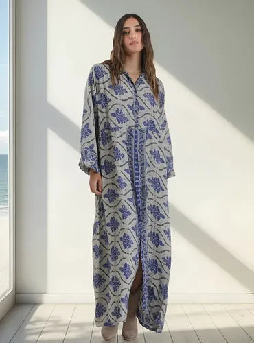 Vestido De Seda Hindú Largo Nuevo 2da Selección Gris Estampado Único