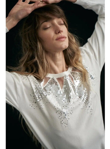 Sweater Bordado Importado Lentejuelas Paillettes Blanco U