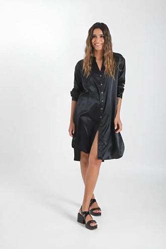 Vestido Camisero De India Simil Seda Midi Modelo Amplio