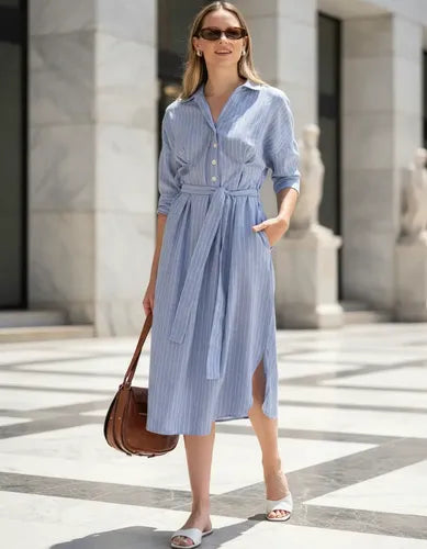 Vestido Camisero Rayado De Lino