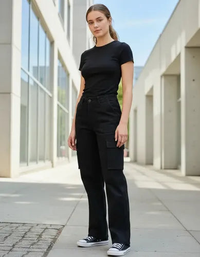 Jean Wide Leg Cargo Bergen Negro Liso 36