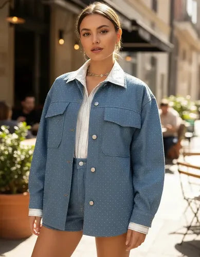 Campera Jean Saco Denim Talle Amplio Hasta 3xl Con Hotfix Celeste Único Liso