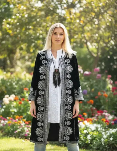Tapado Saco Largo De Chiffon Bordado Negro Con Plateado M Liso