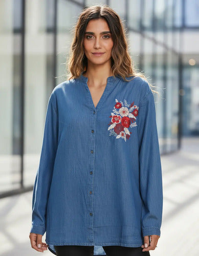 Camisa De Jean Bordada Importada Amplia