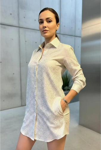 Camisa Blusa Diseño Detalles Dorados De Vestir Larga Blanco Puntitos Dorados 1