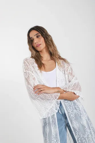 Kimono Boho Largo Amplio Blanco Único