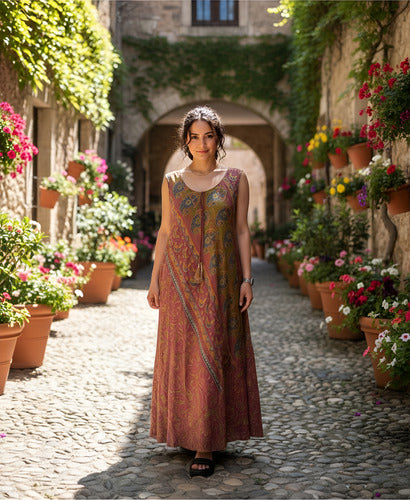 Vestido Solero Seda Hindu Importado Talle Grande Lila 2 Estampado Único
