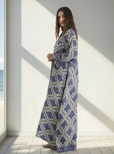 Vestido De Seda Hindú Largo Nuevo 2da Selección Gris Estampado Único
