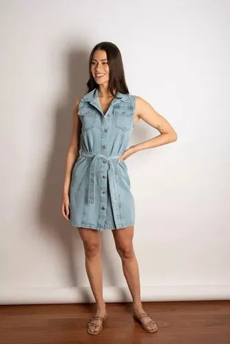 Vestido De Jean Rigido Sin Mangas Celeste Liso S