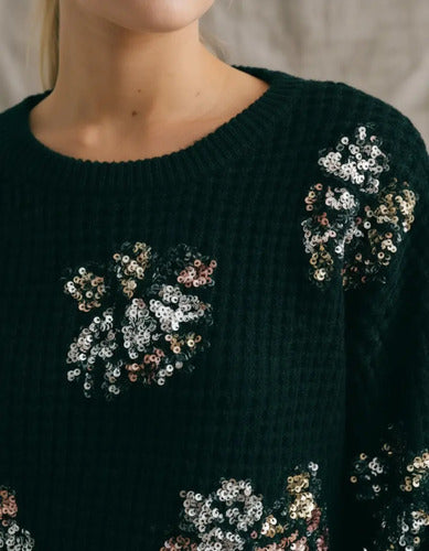 Sweater Tejido Panal Importado Lentejuelas Paillettes Negro Lentejuelas Único
