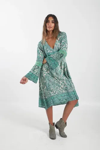 Vestido De Seda Hindú Y Puntilla Mangas Oxford Midi
