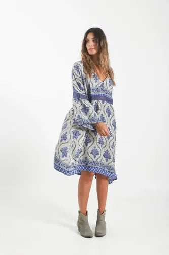 Vestido De Seda Hindú Y Puntilla Mangas Oxford Midi
