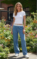 Pantalón Jean Wide Leg Jean Rígido Con Aplique  Denim