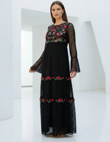 Vestido Boho Fiesta Bordado Tipo Vars Importado Negro Liso S/m