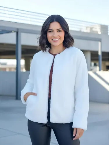 Saco Chaqueta  De Piel Sintética Extra Suave Blanco M Pelo Corto