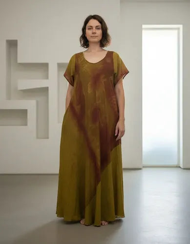 Vestido Largo Seda Hindú Modelo Amplio Xxxl C/bolsillos Marrón Estampado Único