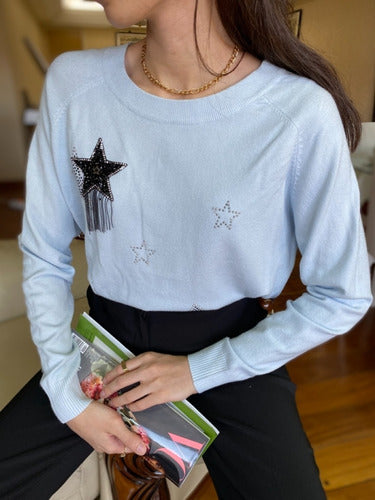Sweater Importado Estrellas Paillettes Celeste Estrellas Único