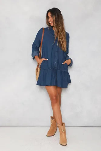 Vestido De Jean Con Volado Manga Larga Talle Grande Azul Lisa Xxl