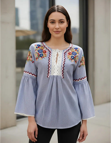 Camisa Blusa Bordada Boho Azul S