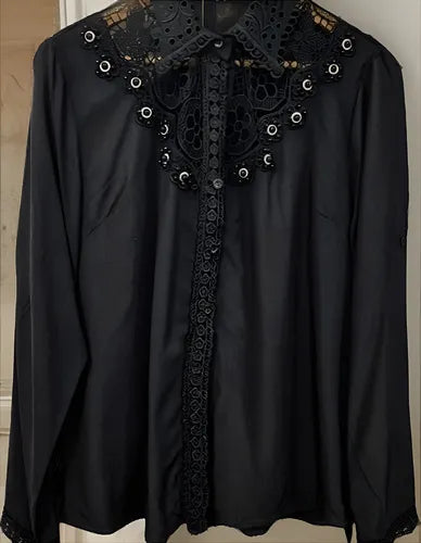 Camisa Importada Boho Perlas Y Puntillas (251) Negro L
