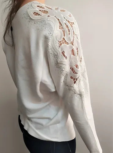 Sweater Tejido Importado Detalle En Brazos Strass  Cod. 537 Blanco Unico