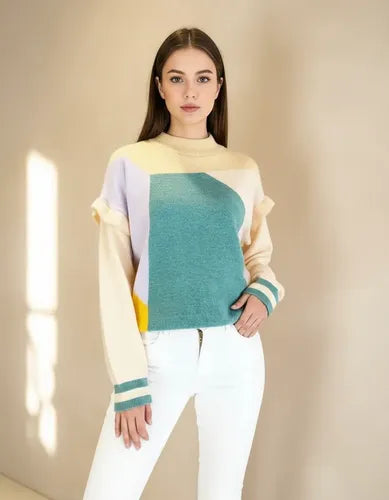 Sweater Pullover Tejido  Colores Volados Beige Colores Único