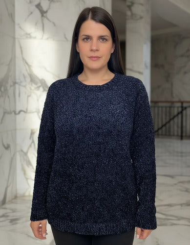 Sweater Pullover Tejido Boucle Azul Liso Unico