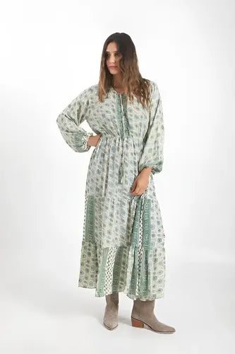 Vestido Largo De Seda Hindú Mod. 3 Crema Con Verde Estampado Único