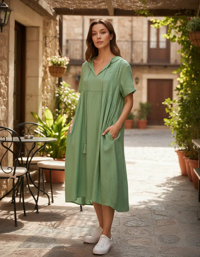 Vestido De Simil Seda Con Puntillas Amplio Verde Liso Único