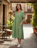 Vestido De Simil Seda Con Puntillas Amplio Verde Liso Único