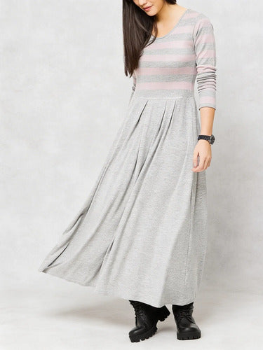 Vestido Largo De Algodón Marca Vestite Y Andate Gris Rayas S