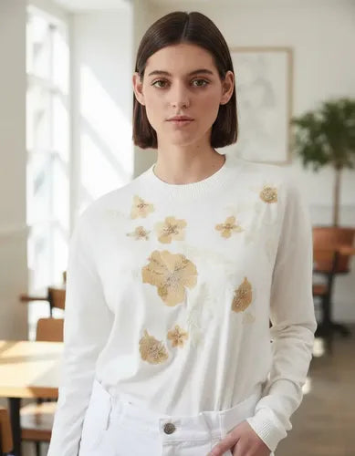 Sweater Importado Amplio Bordado (568) Blanco Bordado Único