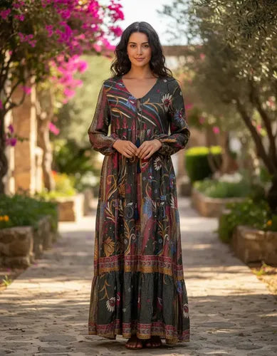 Vestido Largo Seda Hindú Manga Larga Nuevo 2da Selección Multicolor Estampado Único