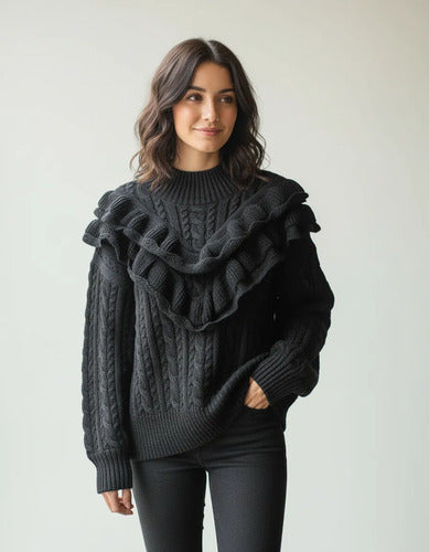 Sweater Tejido Importado Modelo Amplio Negro Liso Único