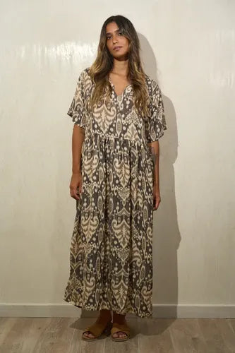 Vestido Largo De Seda Hindú Modelo Amplio Mod. 04 Marrón Estampado Único