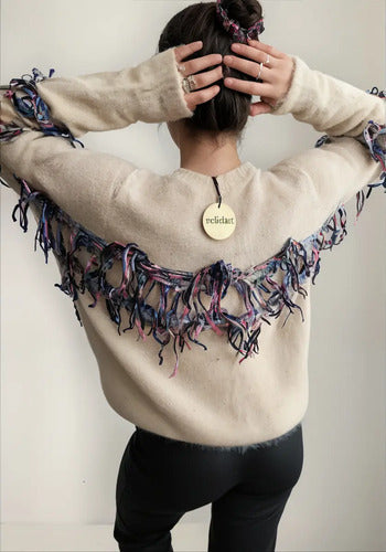 Sweater Importado Pelo De Mono Folk Boho Beige Flecos L