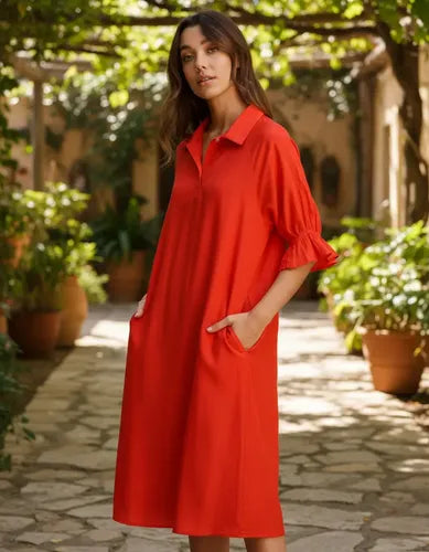 Vestido De Simil Seda Cuello Camisero Verde Liso Único