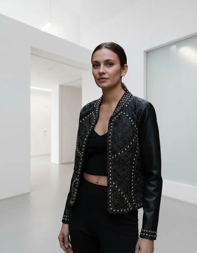 Campera Saco Chaqueta Eco Cuero Negro L Tachas