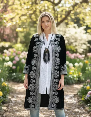Tapado Saco Largo De Chiffon Bordado Negro Con Plateado M Liso