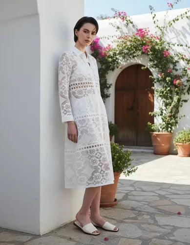 Vestido Camisero Abotonado De Encaje