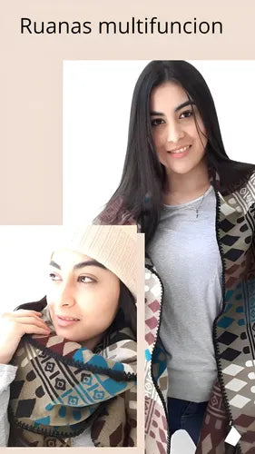 Poncho Saco Ruana Amplio Importado Beige Con Marron Estampado Único