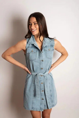 Vestido De Jean Rigido Sin Mangas Celeste Liso S
