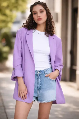 Saco Blazer Lino Amplio Lila Liso 42