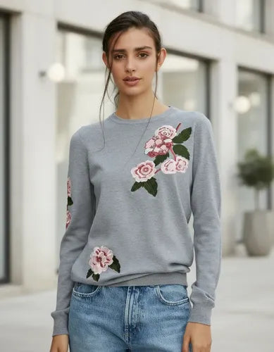 Sweater Tejido Importado Detalles  Strass Flores Negro U