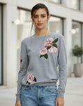 Sweater Tejido Importado Detalles  Strass Flores Negro U