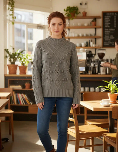 Sweater Tejido Folk Cod. 010 Modelo Amplio Gris Claro Liso Único