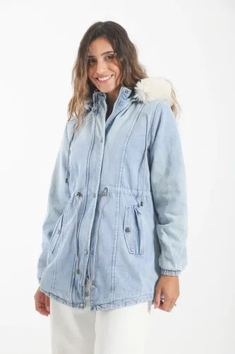 Campera De Abrigo De Jean Larga Con Piel Importada Azul Acero S Lisa