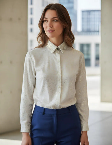 Camisa Blusa Diseño Detalles Dorados De Vestir Larga Blanco Puntitos Dorados 1