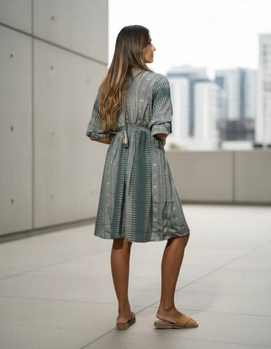 Vestido De Seda Hindú Corto Amplio Mod. 41 Gris Oscuro Estampado Único